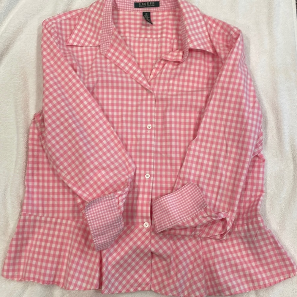 Blouse by Lauren, pink and white check button down, turn up cuff.